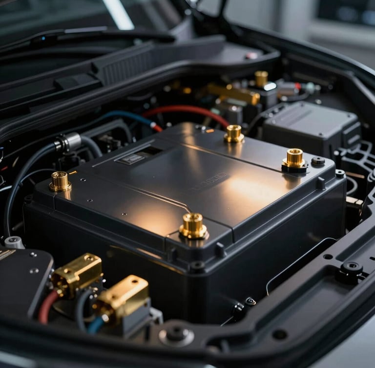 Close-up of a modern electric vehicle battery compartment and gold-plated high-voltage connectors, clean laboratory environment, dramatic lighting.