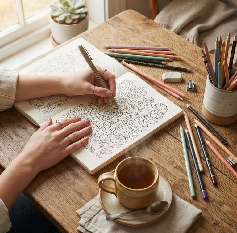 Overhead shot of hands sketching whimsical, thick-lined coloring book designs on paper, surrounded by colored pencils and a warm cup of tea, soft morning window light.