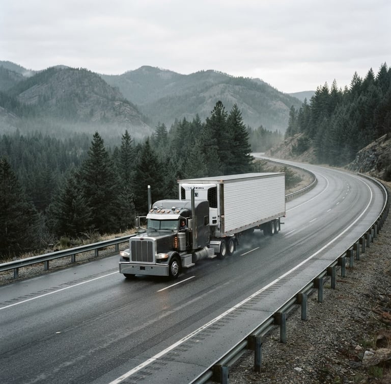 Wide environmental shot of a clean, heavy-duty refrigerated transport truck driving on an Idaho highway at early morning dawn, crisp overcast daylight, desaturated green and steel tones, 35mm