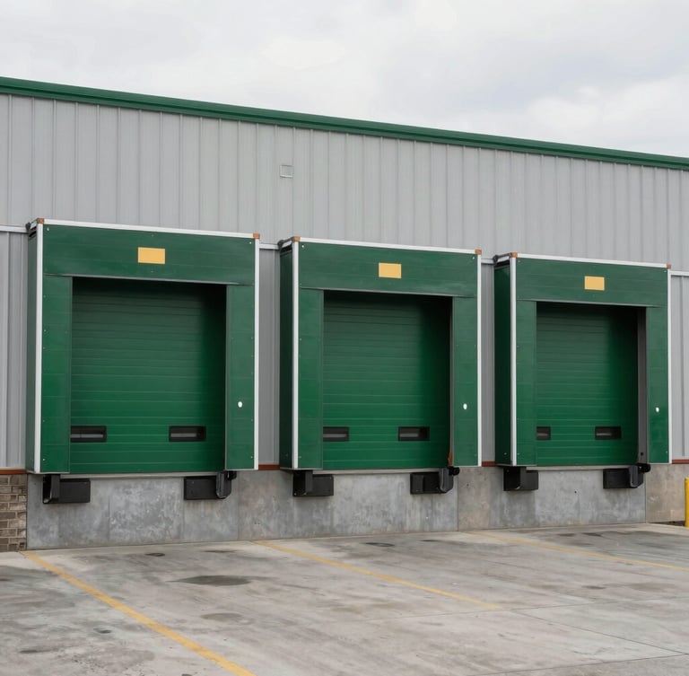 Crisp commercial portrait shot of a clean loading dock in Boise, overcast daylight, desaturated green and steel tones, wide-angle lens.