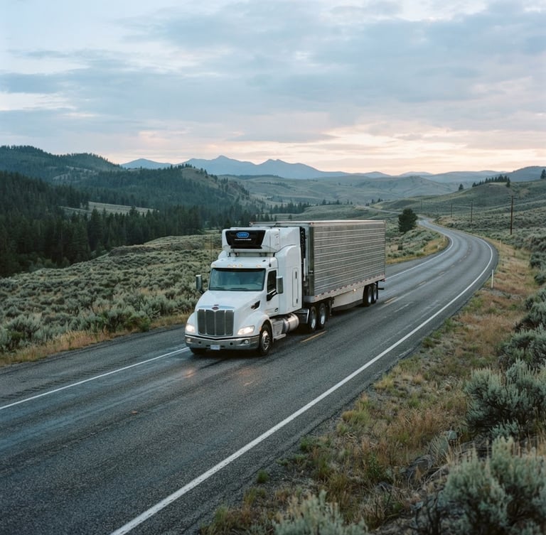 Wide-angle crisp commercial shot of a heavy-duty refrigerated transport truck on an Idaho highway at dawn, desaturated green and steel tones, early morning light, 35mm