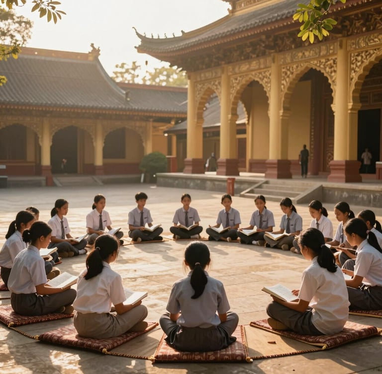 Wide shot of a warm, sunlit temple courtyard, young students sitting in a circle on traditional mats, holding books, soft golden hour sunlight filtering through archways.