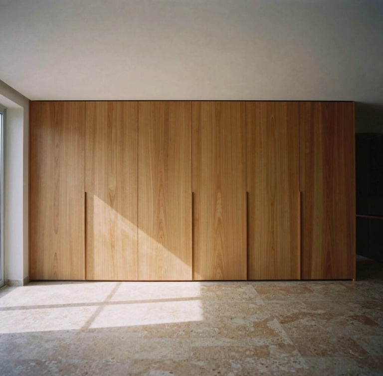 Straight-on architectural elevation of a minimalist residential living room, custom walnut millwork, natural light casting long shadows across warm travertine floors, medium format film