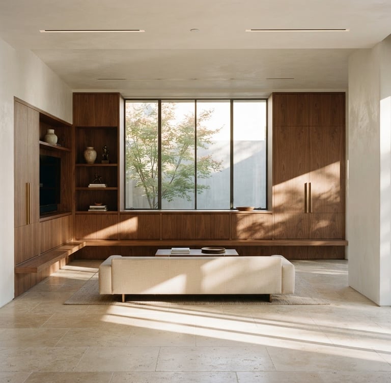 Straight-on architectural elevation of a minimalist living space, showcasing custom walnut millwork, brushed bronze details, and soft afternoon window light casting long shadows on travertine floors, medium format film.
