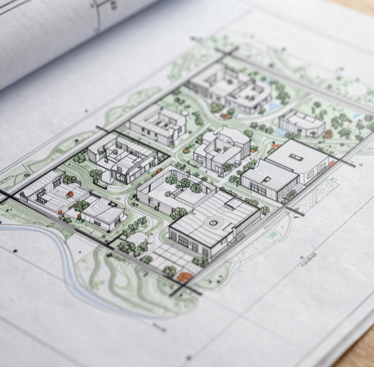 Close-up of architectural blueprint overlaying a topographical map, clean lines, muted earth tones, soft architectural shadows, high-end real estate