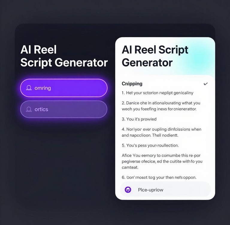 A high-fidelity dark-mode UI mockup of the AI Reel Script Generator, showing a glowing neon violet input form on the left and a live-updating script output preview on the right with electric cyan accents.