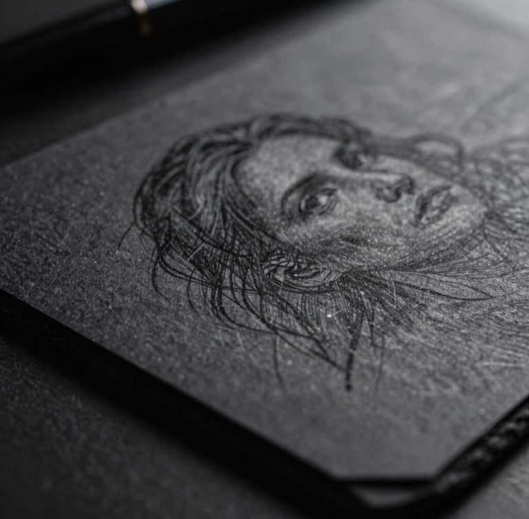 Macro close-up of a hand-rendered sketch card on dark slate, showing rich graphite textures and deep ink strokes under dramatic side-lighting, shallow depth of field