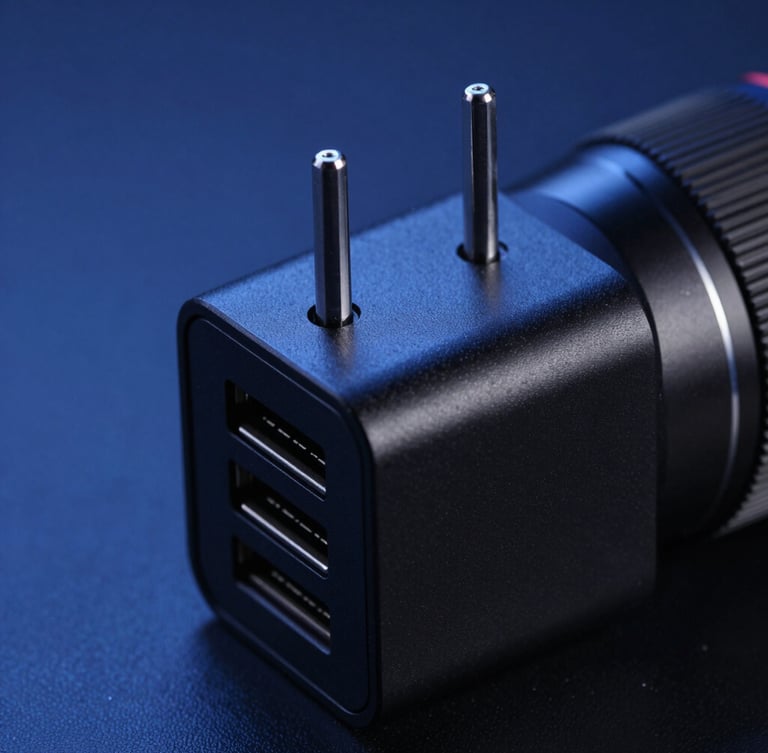 Macro product shot of a high-wattage multi-port charger, cool technical blue studio lighting, matte black housing, sharp 85mm lens