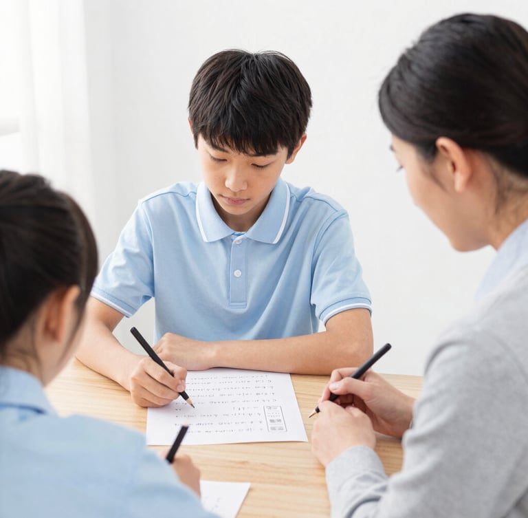 Over-the-shoulder shot of a professional tutor guiding a high school student through a math problem on a clean wooden desk, bright editorial photography, soft natural daylight, clean blue and white tones, 35mm