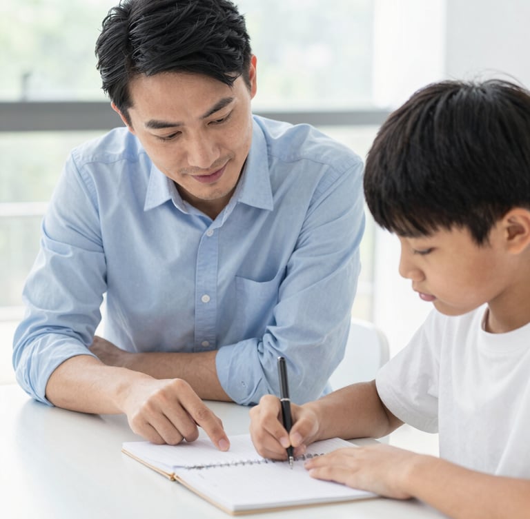 Bright editorial photography of a tutor guiding a student over a notebook, soft natural daylight, clean blue and white tones, shallow depth of field, 35mm
