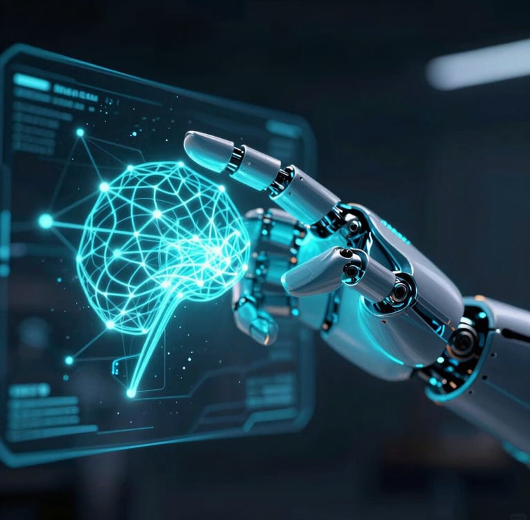 Macro shot of a glowing cyan and neon blue robotic hand interacting with a holographic neural network interface, dark ambient studio background, cinematic depth of field