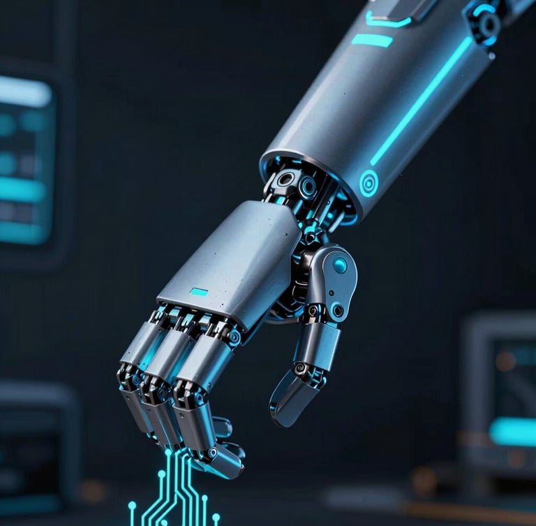 Macro shot of a robotic joint and high-contrast circuitry, low-key ambient dark studio lighting with sharp cyan highlights, cinematic depth of field