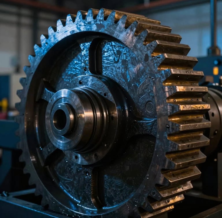 Dramatic industrial photography, high-contrast cool blue and amber light, sharp focus on a large heavy-duty metallic gear assembly, 50mm lens
