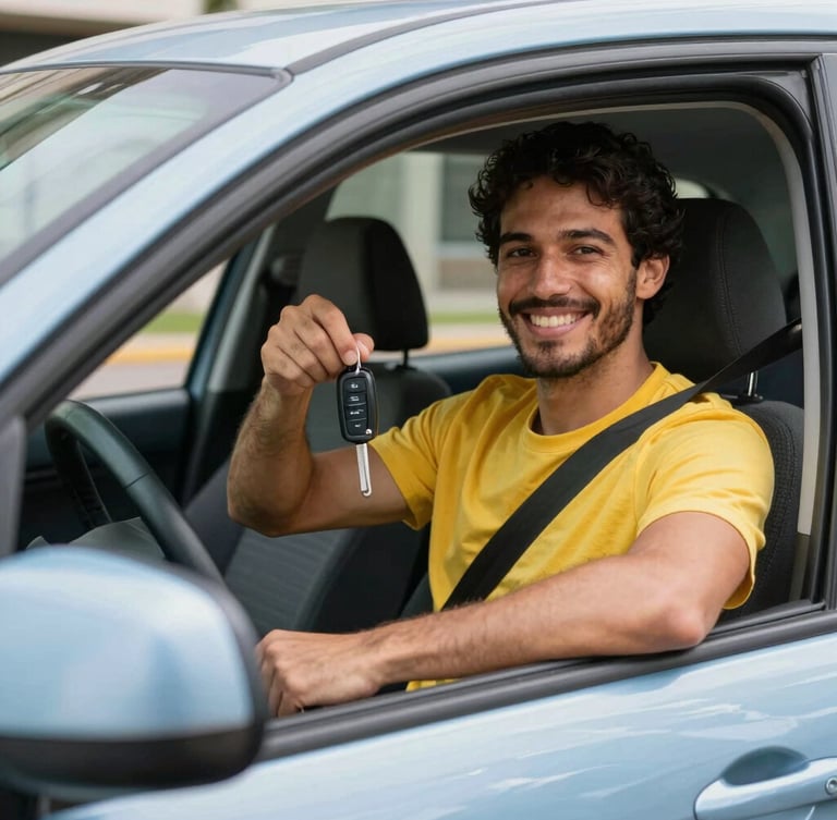 A smiling Brazilian driver holding car keys inside a clean vehicle, bright natural daylight, happy and relieved expression, sharp focus