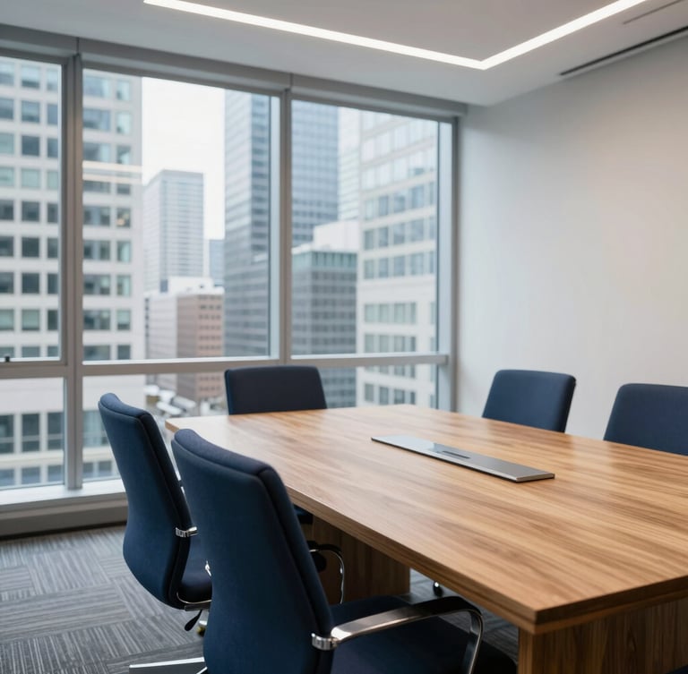 Bright modern boardroom in downtown Toronto with floor-to-ceiling windows showing city skyscrapers, warm oak table, navy blue chairs, clean professional lighting