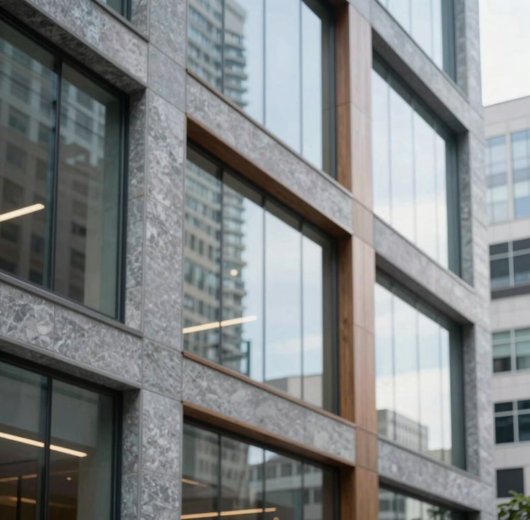A professional, bright architectural crop of a modern law office in downtown Toronto, clean glass walls, natural window light, cool slate tones, shallow depth of field