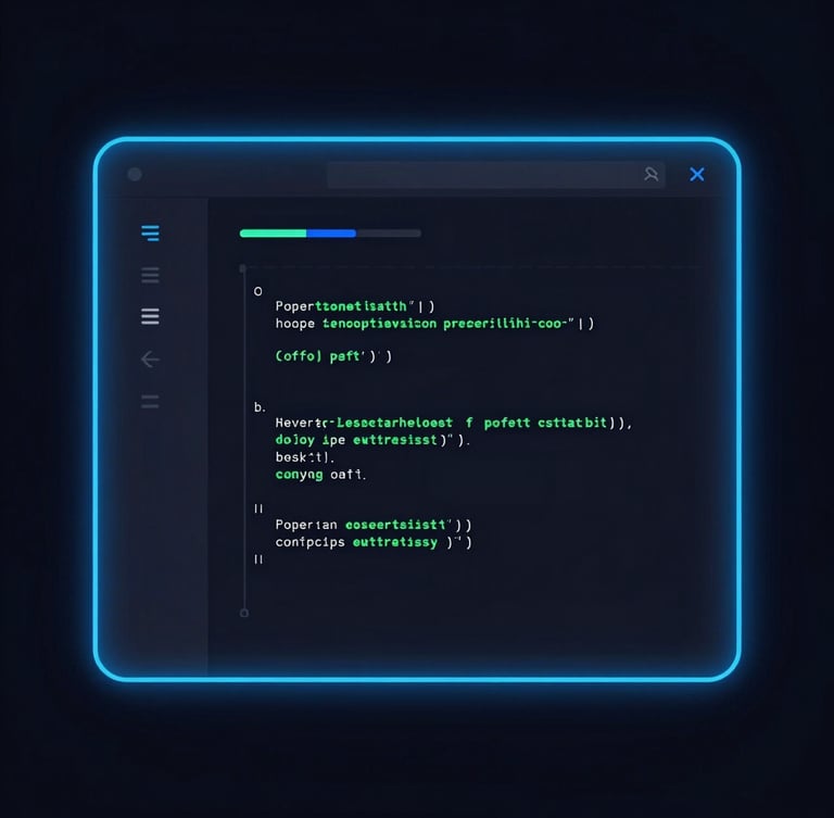Straight-on crisp digital mockup of a technical blog interface on a dark screen, glowing electric blue borders, minimalist code snippet on the side, high-contrast studio lighting
