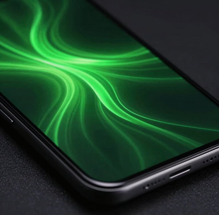 Macro close-up of a high-end Android flagship screen displaying a fluid, neon green vector animation under low-key dramatic studio lighting, 50mm lens