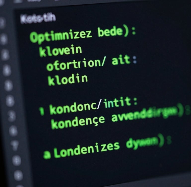 Macro close-up of a dark IDE screen showing optimized Kotlin code with neon green syntax highlighting, dramatic studio lighting