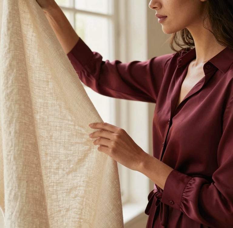 Elegant American Christian woman, Lays Pereira, in a silk blouse, gently touching a fine linen fabric, soft natural window light, rich tactile textures, warm tones, 35mm