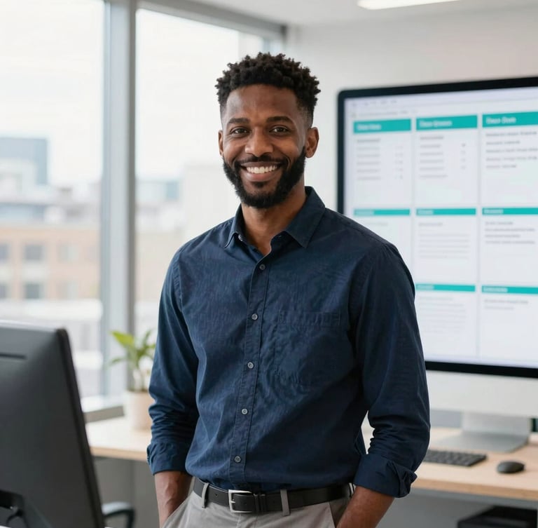 Professional portrait of Vincent Emhiomonre in a bright, modern London workspace, natural daylight, over-the-shoulder angle with a clean digital kanban board visible on screen, navy and teal accents