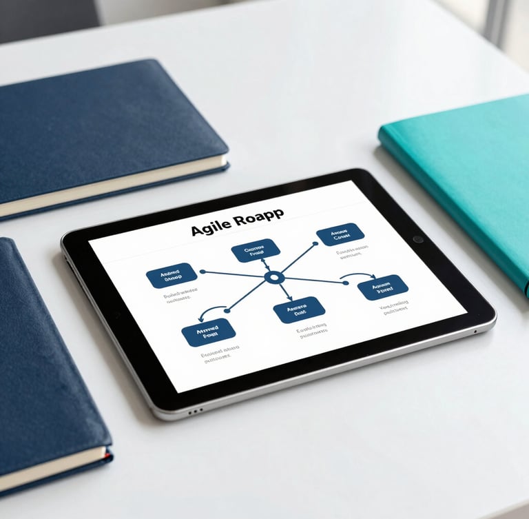 A clean flat-lay of a digital tablet displaying an agile roadmap next to a notebook, navy and teal accents, bright office daylight.