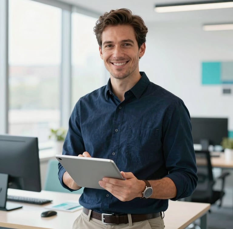 Professional portrait of Vincent in a bright modern workspace, natural daylight, navy and teal accents, holding a digital tablet with agile roadmap, shallow depth of field