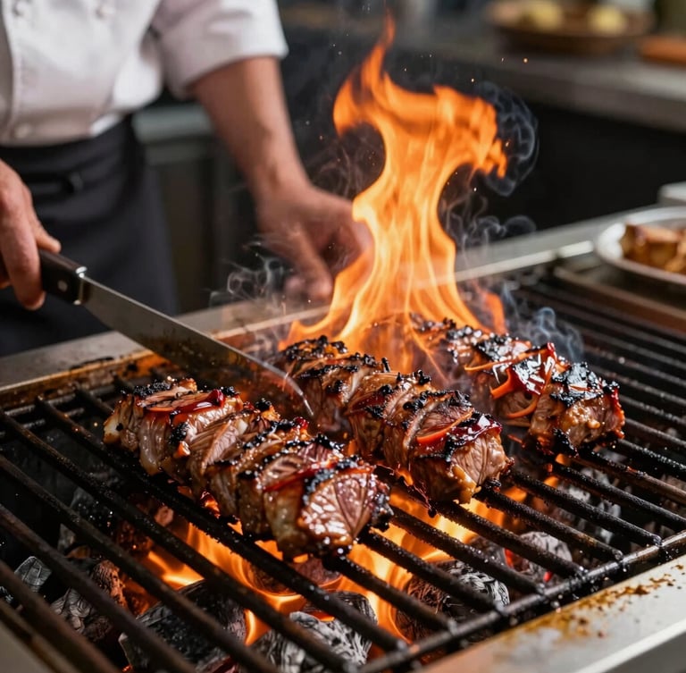 Dynamic close-up of a chef searing juicy Lomo Flambeado with active flames on a grill, dramatic warm firelight highlights, rich charcoal background, professional catering setup