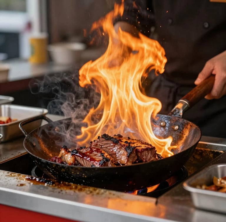 Dynamic close-up of a chef searing premium beef with active, high-heat flames rising from a wok on a food truck counter, warm firelight highlights, dramatic food photography, shallow depth of field