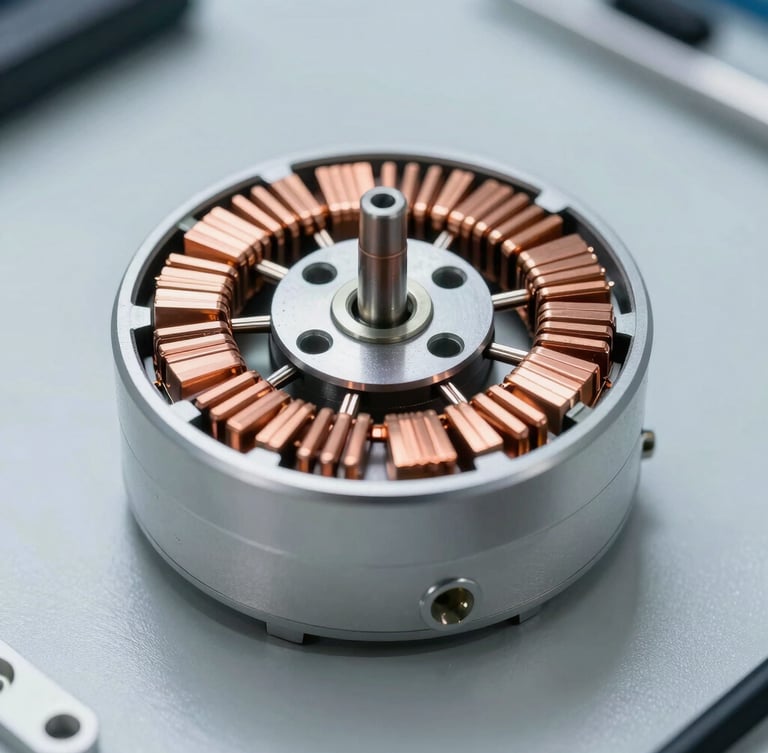 Macro extreme close-up of a high-tech brushless hub motor opened on a clean workbench, copper stator windings exposed, cool bright clinical lighting, sharp shadows.