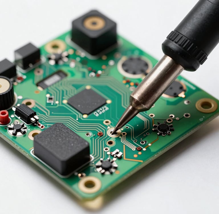 Macro close-up of a high-tech electric scooter controller circuit board, bright cold workshop lighting, soldering iron tip placing a precise solder joint, high contrast, technical atmosphere
