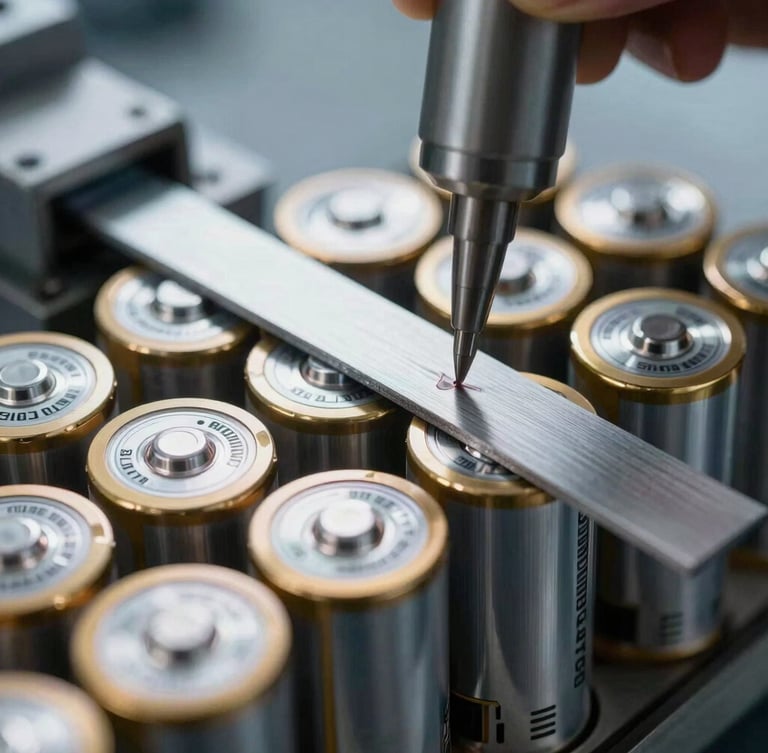 Macro close-up of spot-welding machine joining pure nickel strips onto cylindrical lithium-ion battery cells, bright cool workshop lighting, high contrast shadows