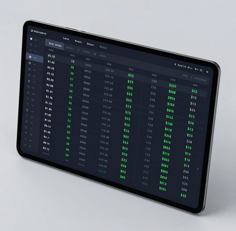 Sleek UI photography of a dark-mode dashboard displaying a real-time stock control grid with neon green status indicators, orthographic crop, crisp terminal glow.