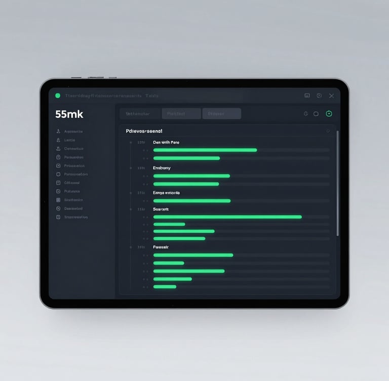 Sleek UI photography, cool dark-mode terminal glow, sharp high-fidelity database schema visualization with glowing green status lines, 50mm, orthographic crop
