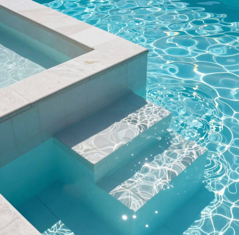Crisp architectural photography of newly finished pool steps underwater, bright midday sunlight reflecting on sparkling turquoise water, clean lines, sharp focus, 35mm lens.