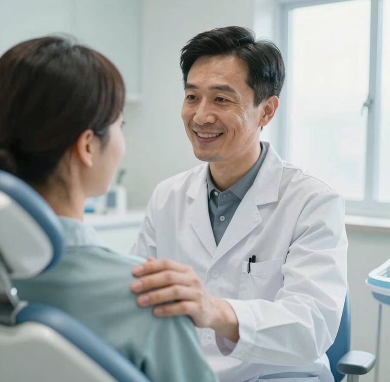 Warm editorial portrait of a dentist gently placing a hand on a patient's shoulder, smiling in conversation, soft natural window light, 35mm