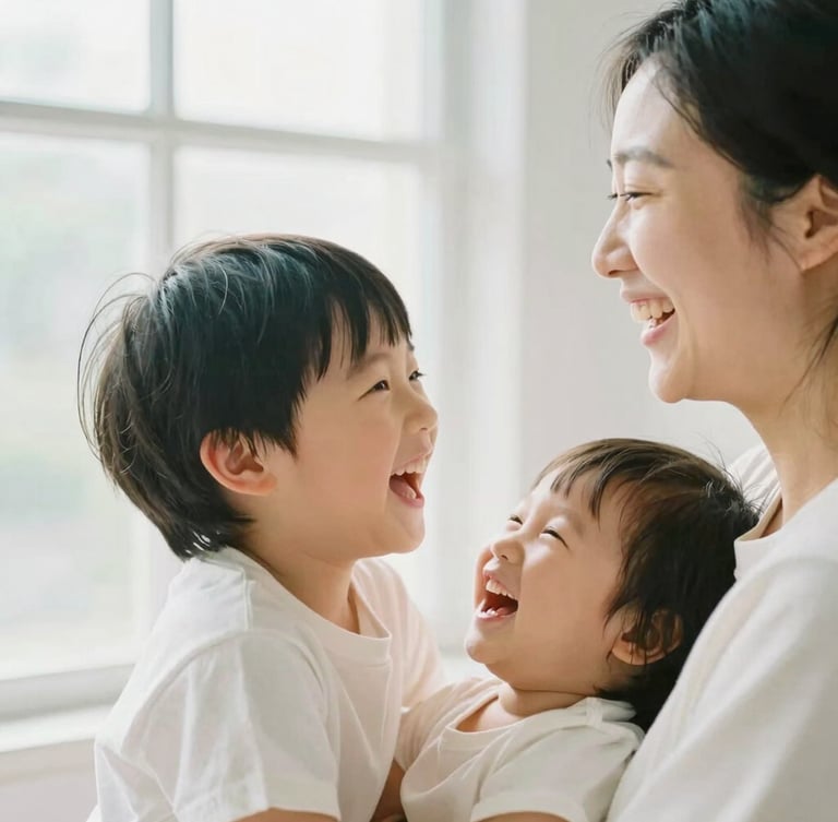Warm editorial photography of a mother and child laughing together in a bright, sunlit room, soft natural window light, shallow depth of field, 35mm