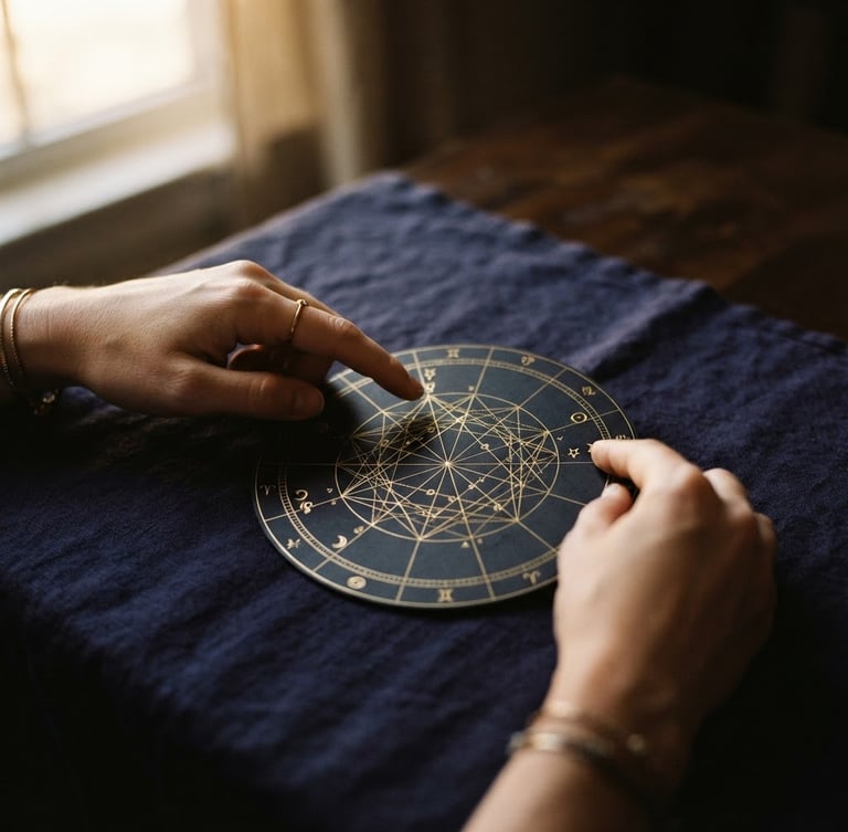 Close-up of hands analyzing a minimalist golden natal chart on a dark indigo surface, soft golden-hour window light, shallow depth of field, 35mm