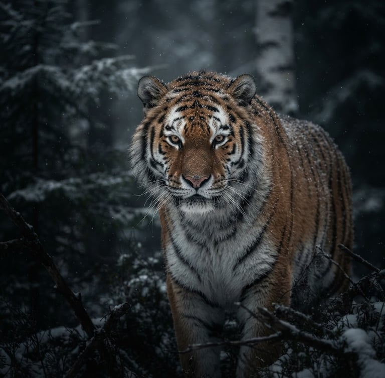 Dramatic low-key portrait of a Siberian tiger in a misty snow forest, telephoto lens, deep dark tones, ultra-sharp detail.