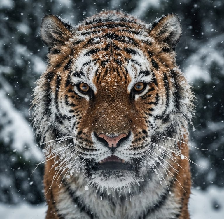 Extreme close-up of a wild Siberian tiger in a snowstorm, moody natural light, high-contrast, ultra-sharp detail of frozen fur, professional telephoto lens.