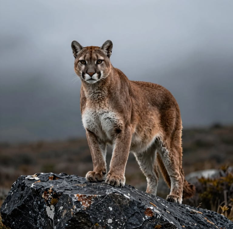 A wild puma perched on a dark granite rock in Patagonia, misty overcast lighting, deep rich tones, sharp focus on the animal's intense gaze.