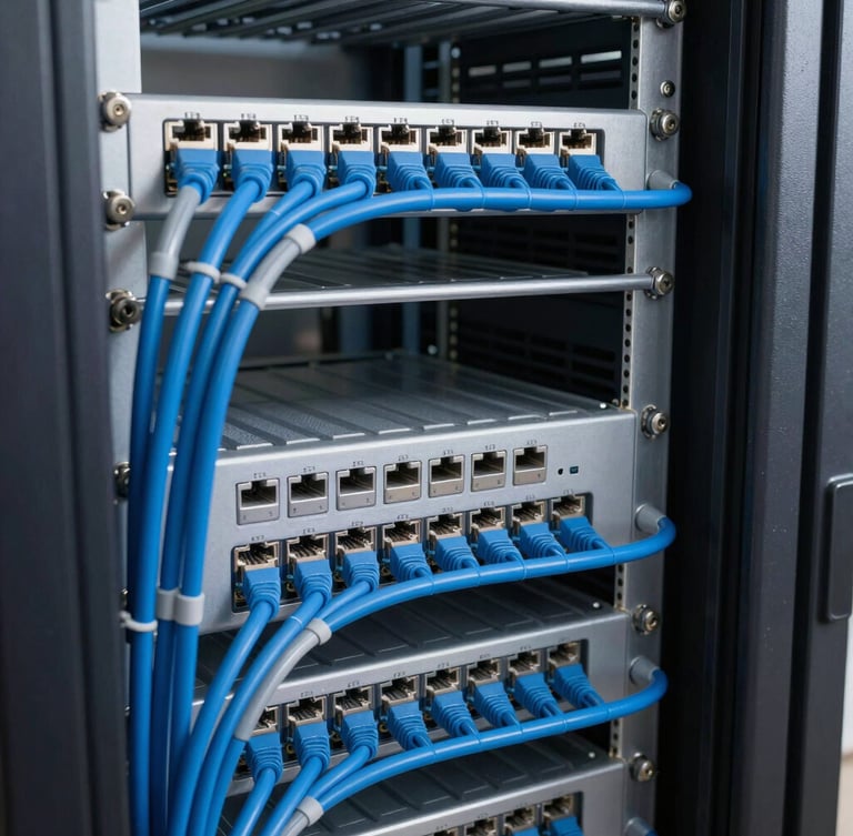 Close-up of a perfectly organized server rack with clean blue and gray ethernet cable management, industrial lighting, sharp focus