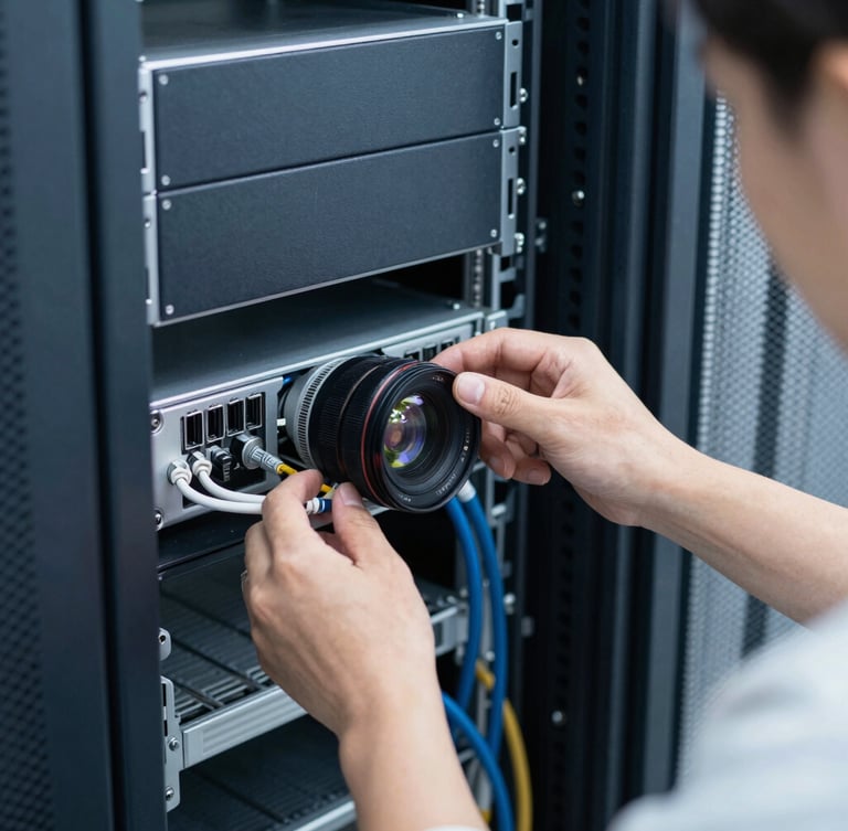 A close-up shot of an engineer inspecting structured cabling inside a server rack, clean natural daylight, cool navy tones, sharp focus, 35mm lens.