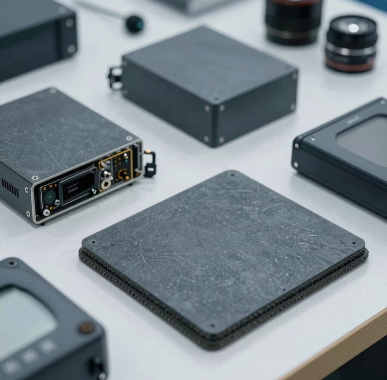 Crisp industrial photography of a clean workstation with diagnostic tools and neatly aligned hardware components, cool slate gray tones