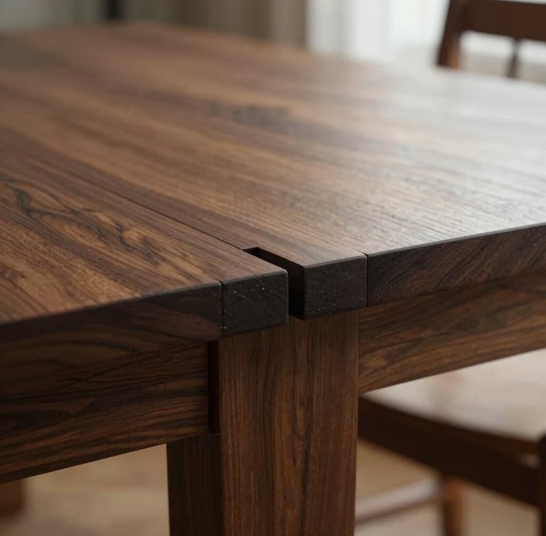Tight macro shot of a mortise-and-tenon joint on a dark walnut dining table, side-lighting highlighting the interlocking wood fibers, shallow depth of field, 35mm