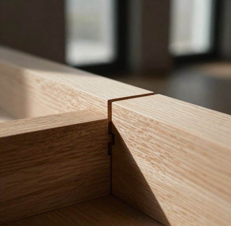 Tight macro crop of an interlocking mortise-and-tenon joint in rich white oak, low-key side window light, deep shadows, shallow depth of field, 35mm