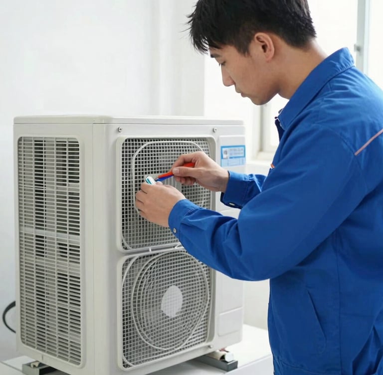 Medium shot of a professional technician in a clean blue uniform servicing an indoor AC split unit, bright natural indoor lighting