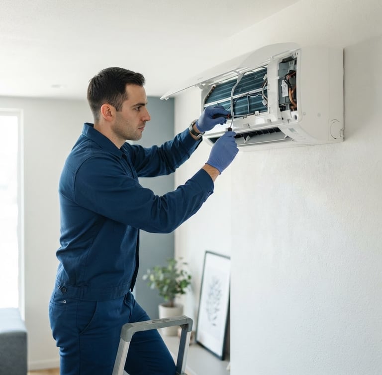 A professional technician in a clean blue uniform servicing a modern split AC unit on a white wall, bright natural indoor light, cool slate tones, sharp focus