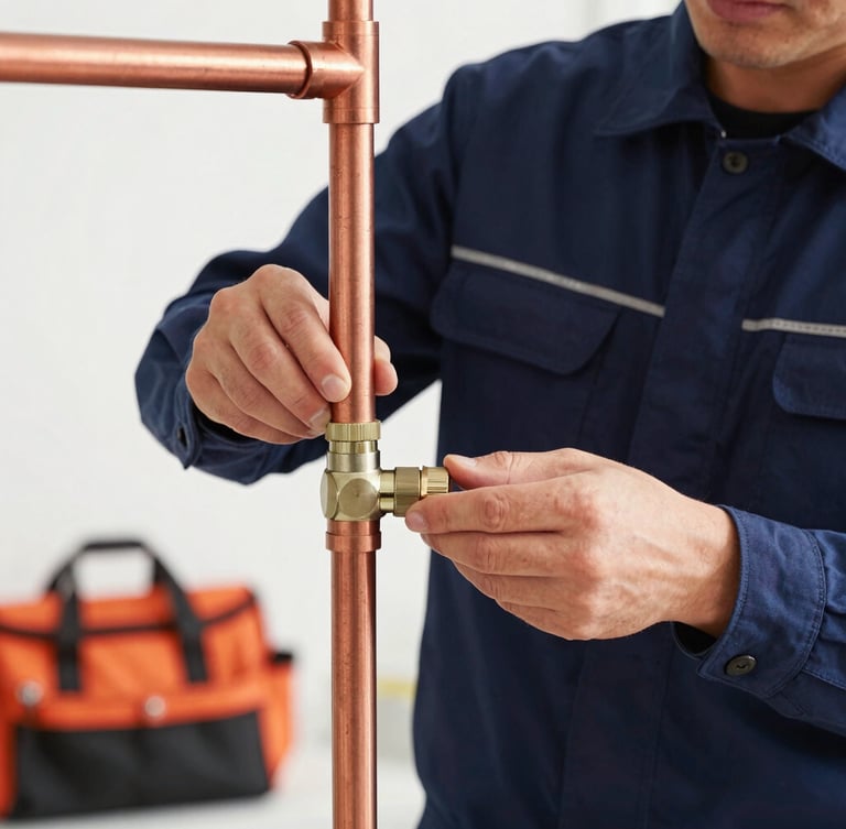 Crisp editorial photo of a professional technician in a clean navy uniform adjusting a copper pipe join under bright daylight, safety orange tool bag visible in background.