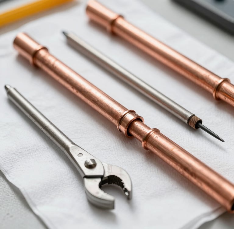 Close-up of clean copper pipe joins newly soldered, professional tools laid out neatly on a clean drop cloth in bright natural light.